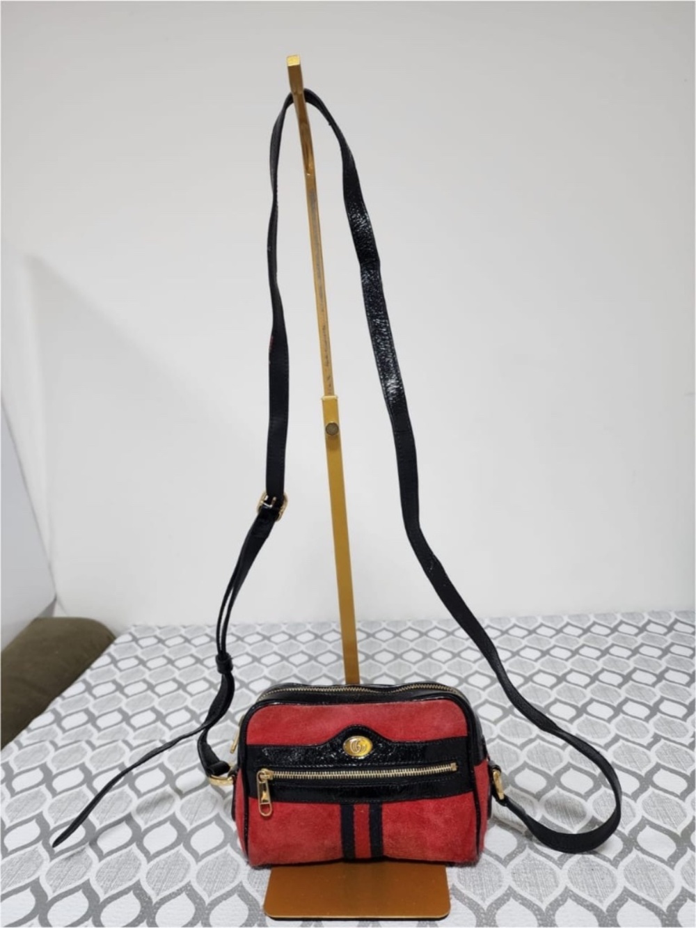Authentic GUCCI Suede Web Mini Ophidia Crossbody Bag Red/Black